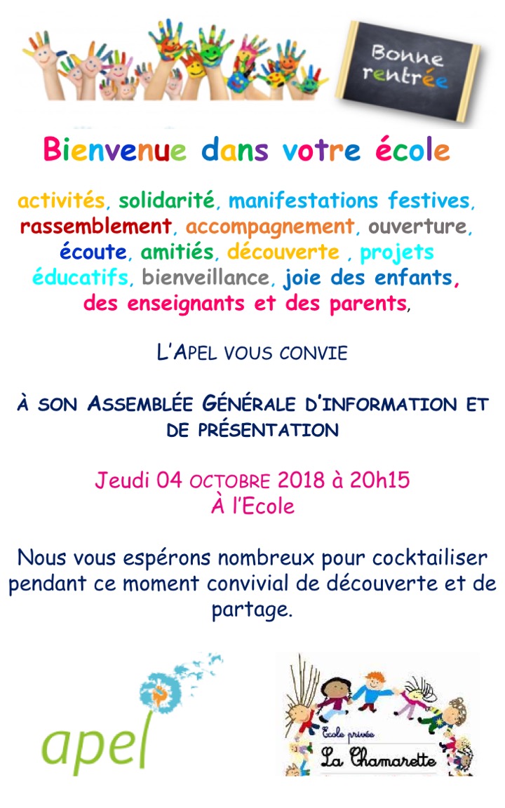 L’Apel vous convie à son Assemblée Générale d’information et de présentation, le Jeudi 04 octobre 2018 à 20h15. Nous vous espérons nombreux pour cocktailiser pendant ce moment convivial de découverte et de partage.